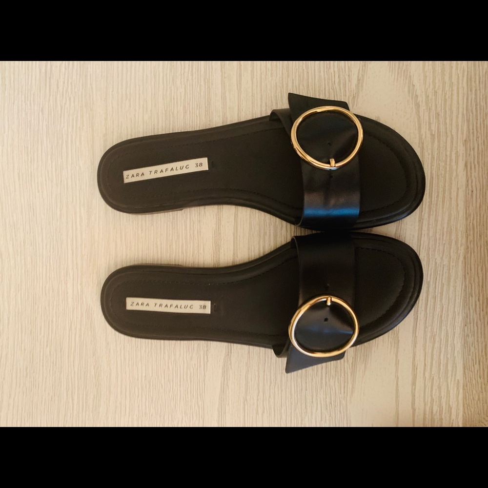 Zara Black Slides with Gold Buckle